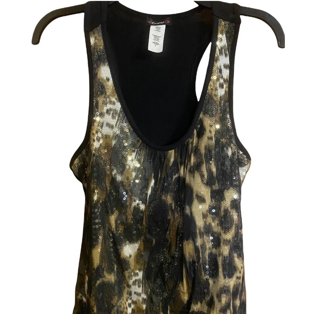 Cocomo Woman Tank Top Size Small Brown/Beige/Black Animal Print Sequins